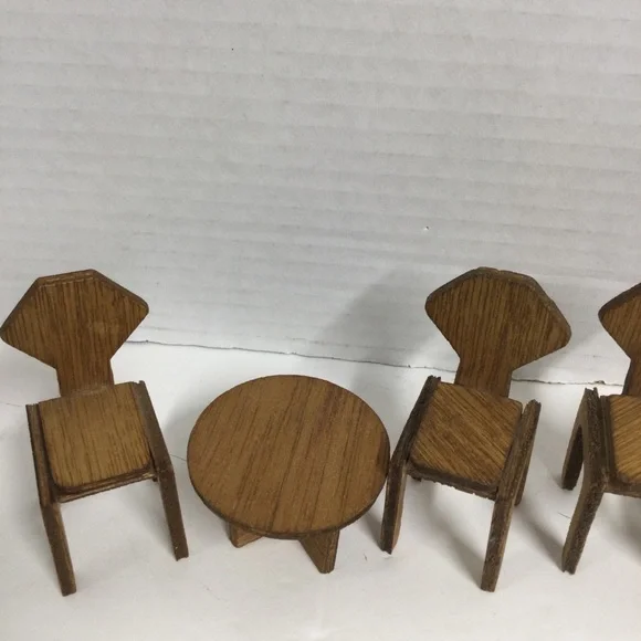 Vintage Miniature Wooden Dollhouse Furniture Sets 4 chairs & 2 round Tables - Picture 2 of 15